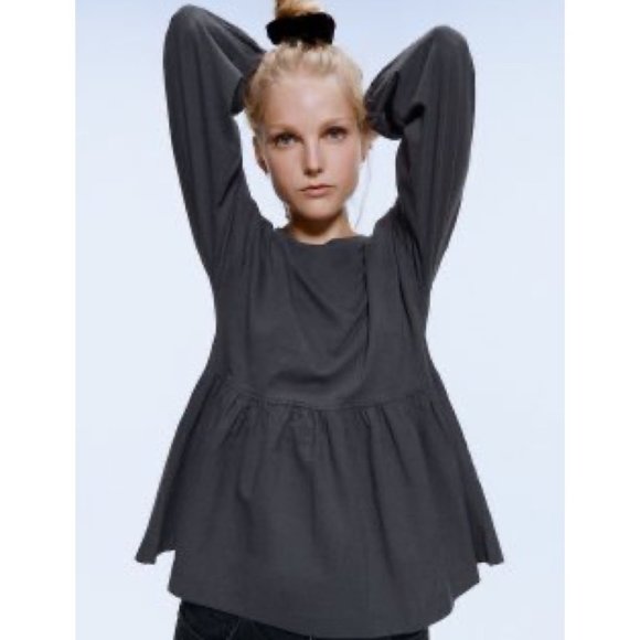 Zara Tops Zara Dark Gray Long Sleeve Elastic Wrist Peplum Size L Poshmark